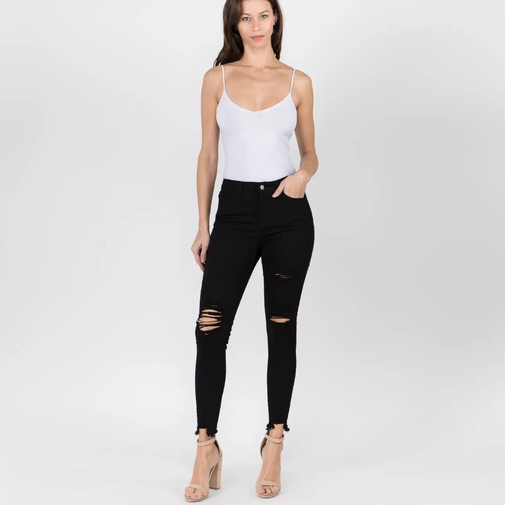 HIGH WAIST DISTRESSED DENIM SKINNY JEANS